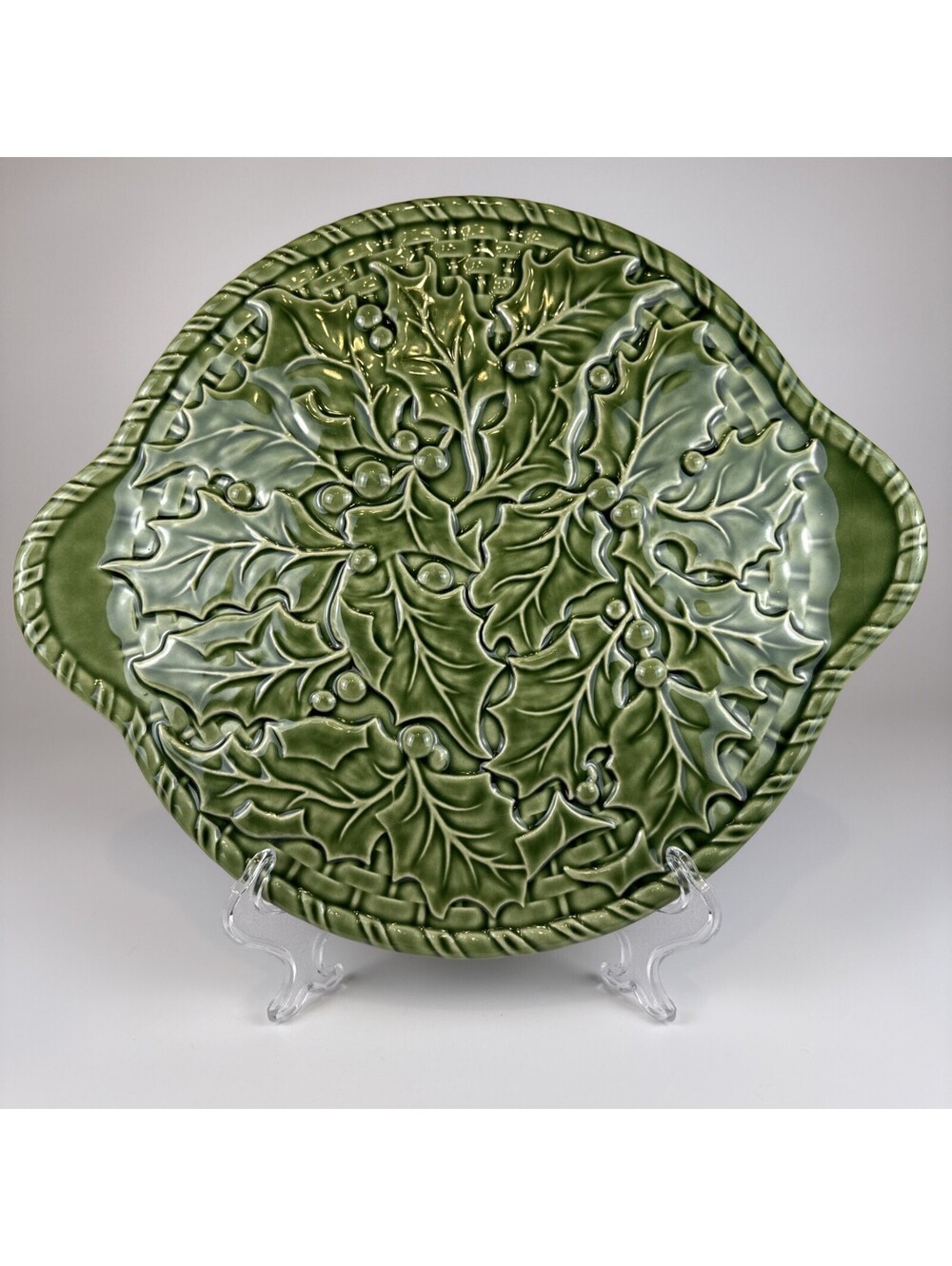 Bordallo Pinheiro Holly Handled Cake Plate Green Majolica Christmas Platter